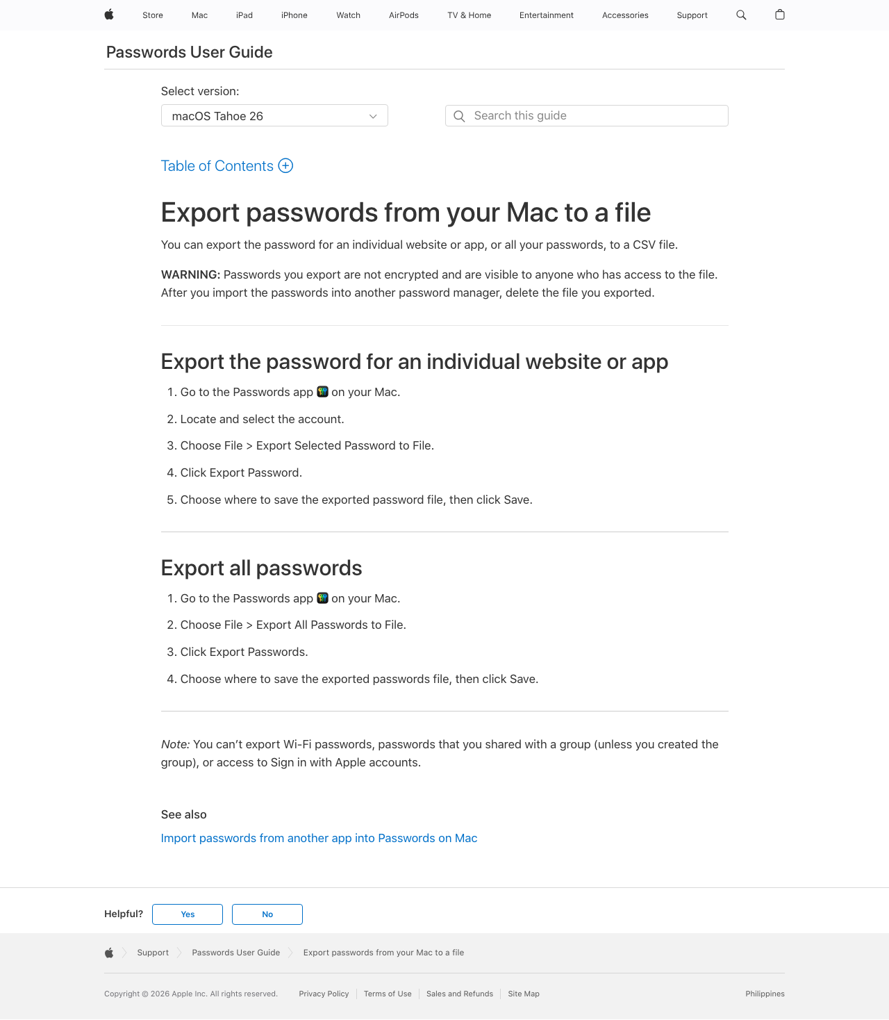 Apple Passwords User Guide export page